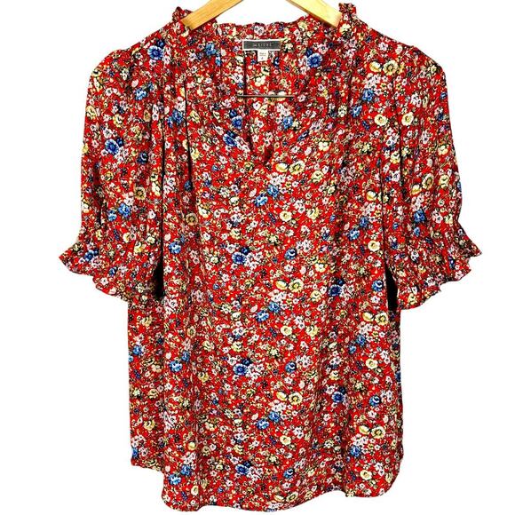 Pleione Women's Micro Floral Ruffle Short Sleeve Red Blue Yellow Sz S - Picture 1 of 8